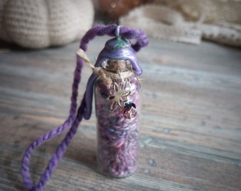 Mini Bottle Hand Spun Yarn Charm, Wool Witch, Fiber Witch Spell Bottle, Intuition Charm