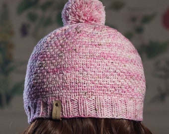 Pink Merino Hand Knit Hat, Knit Hat Pom Beanie Hat, Hand Dyed Hat, Adult Size