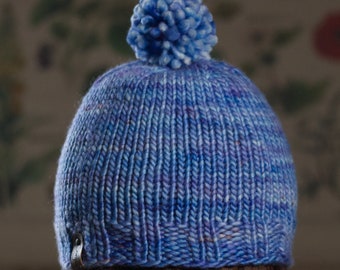 Blue Merino Hand Knit Hat, Chunky Knit Hat Pom Beanie Hat, Hand Dyed Hat, Adult Size