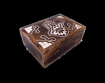 Hamsa Hand Carved Wooden Box 7" X 5"