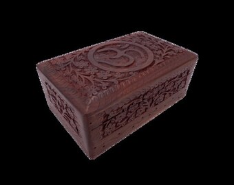 Om Symbol Carved Wood Box 8" X 5"