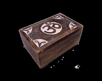 Om Symbol Carved Distressed Wooden Box 6" X 4"