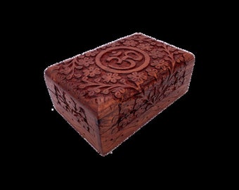 Om Symbol Carved Floral Wooden Box 6" X 4"