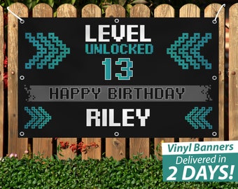 Custom Video Game Birthday Banner, Pixel Design