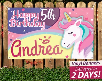 Rainbow Unicorn Birthday Vinyl Banner, Custom Party Decor