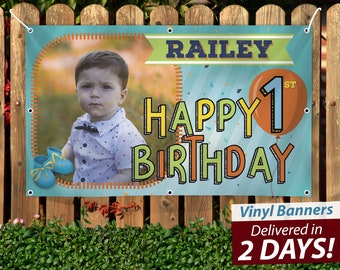 Custom 1st Birthday Vinyl Banner, Baby Boy Design