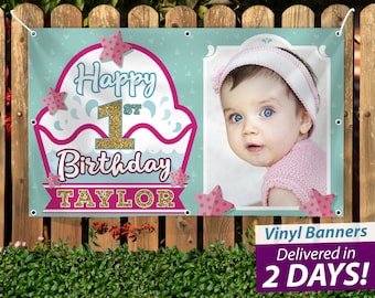 Custom 1st Birthday Banner, Baby Girl Vinyl Banner