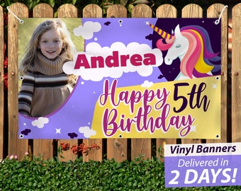 Custom Unicorn Birthday Vinyl Banner, Rainbow Party Decor