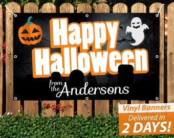 Custom Happy Halloween Vinyl Banner: Ghost & Pumpkin Design