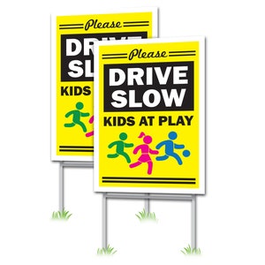 Señales de conducción lenta en el patio (amarillo) / Kids At Play / Señalización de conducción segura con estacas / Disminución de la velocidad / Envío gratis