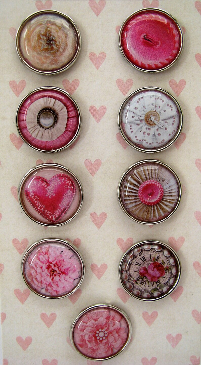 rose heart flowers Set of 9 big brads button pink