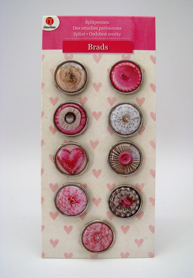 rose heart flowers Set of 9 big brads button pink