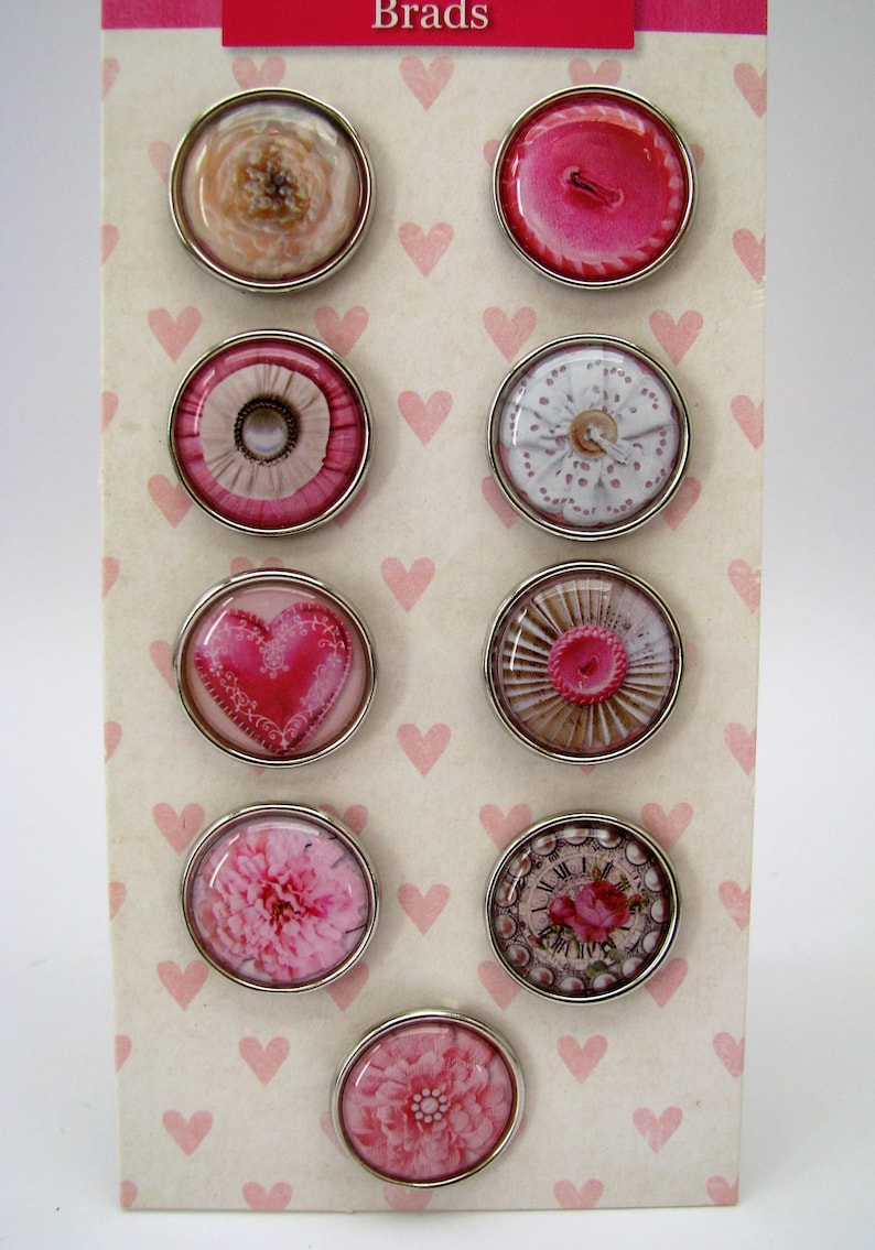 rose heart flowers Set of 9 big brads button pink