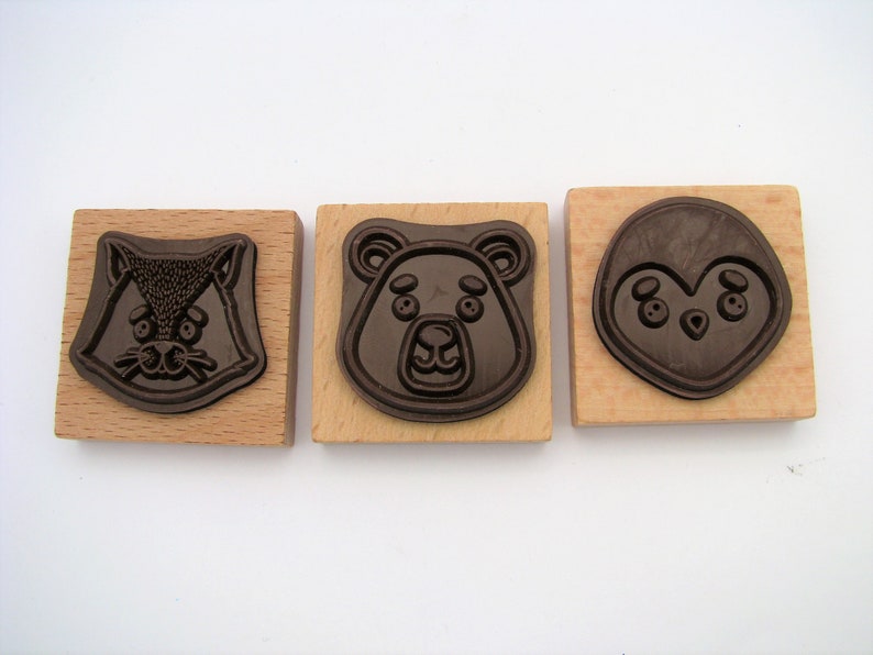 cat 4x4cm bear wood stamp Set of 3 wooden stamps penguin bujo scrapbooking animal stamps bullet journal card marking