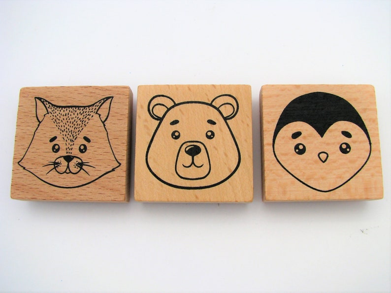 cat 4x4cm bear wood stamp Set of 3 wooden stamps penguin bujo scrapbooking animal stamps bullet journal card marking