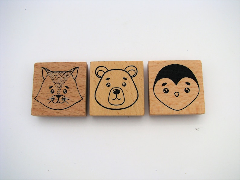cat 4x4cm bear wood stamp Set of 3 wooden stamps penguin bujo scrapbooking animal stamps bullet journal card marking