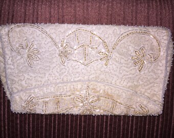 Vintage Beaded Ivory satin clutch purse