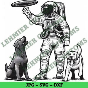 May include: A black and white illustration of an astronaut throwing a frisbee to a dog. The astronaut is wearing a spacesuit and has a backpack. The dog is a Labrador Retriever.