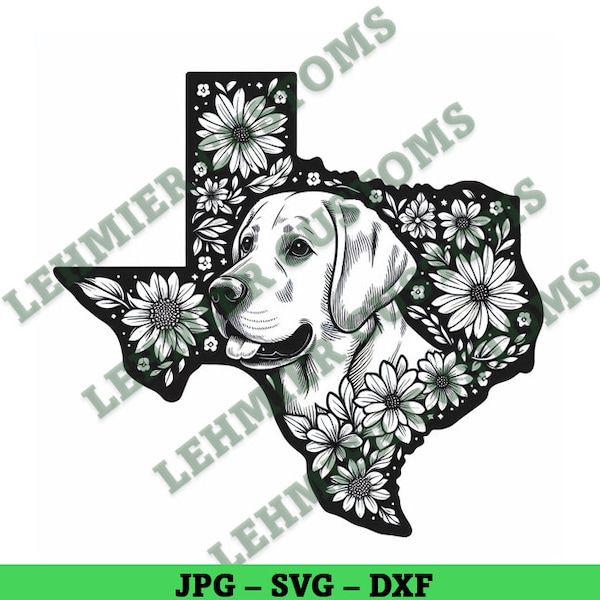 Labrador Retriever in Texas with Flowers, Texas Outline Dog, Labrador Clipart, Sunflowers, JPG, SVG, DXF, Engraver/Cricut/XTool/Laser Files