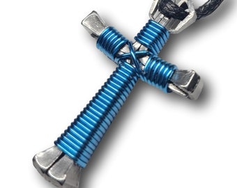 Peacock Blue Horseshoe Nail Cross