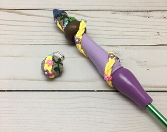 Rapunzel ergonomic crochet hook, handmade crochet hook, polyner clay crochet hook, crochet hook, princess, castle, long hair