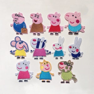 May include: A selection of embroidered patches showcasing characters from a popular animated series. The patches feature a variety of characters in vibrant colours, including pigs, a mouse, a zebra, a rabbit, and a cat. Each patch has a detailed design and is suitable for clothing or accessories.