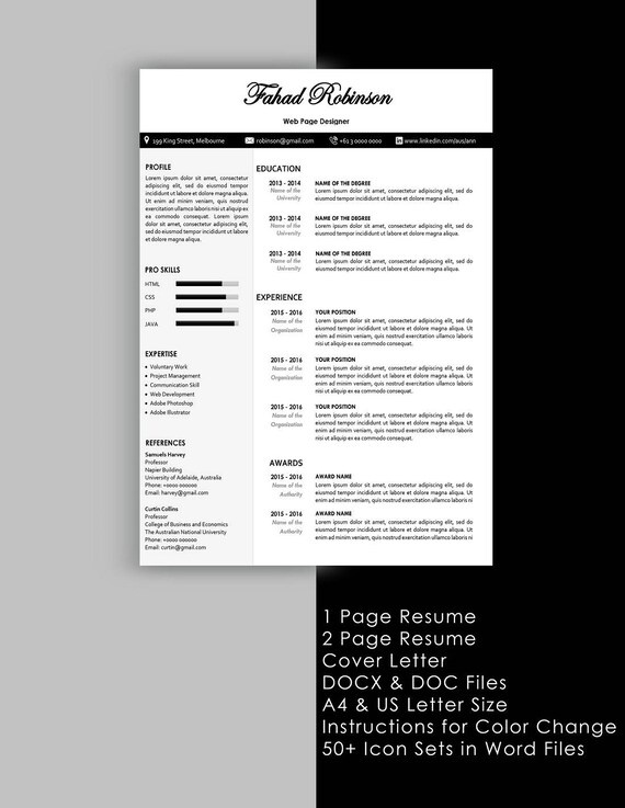 Resume Resume Template Professional Resume Teacher Resume Etsy