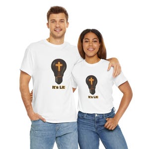 Christian Light Bulb Tee Shirt, Religious Graphic Tshirt, Inspirational Unisex Top, It&#39;s Lit Jesus Apparel, Novelty Christian Gift,