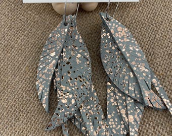 Feather drop earrings, leather feather earrings, gray with gold