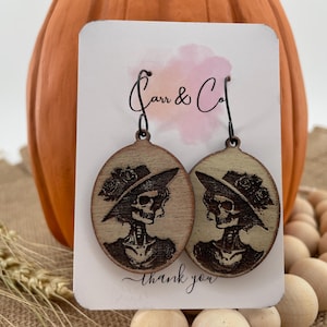 Halloween earrings, female skeleton portrait earrings, skeleton earrings, spooky, gothic