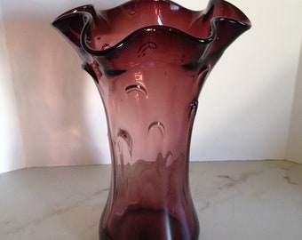 Hand Blown Amethyst Purple 9" Vase Free Form Stretched Thumb Print with Ruffled Fluted Rim. Vintage Art Glass