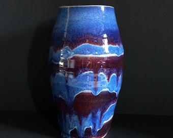 Bill Creitz Studio Pottery Vase w/ Bright Blue, Purple, and Buff Glaze in Drippy Horizontal Bands Modern Pottery Oregon/ California Artist