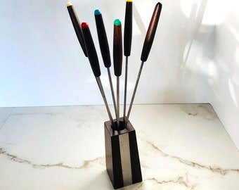 Mid Century Modern Stainless Steel Hardwood Teak Set of Six Fondue Forks with Stand Holder Caddy. Japan