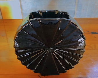 Vintage Black Handblown Glass 1980's Art Deco Style Circular Moon Flask Shaped Vase with Angular Sunburst Pattern. Two's Company Inc.