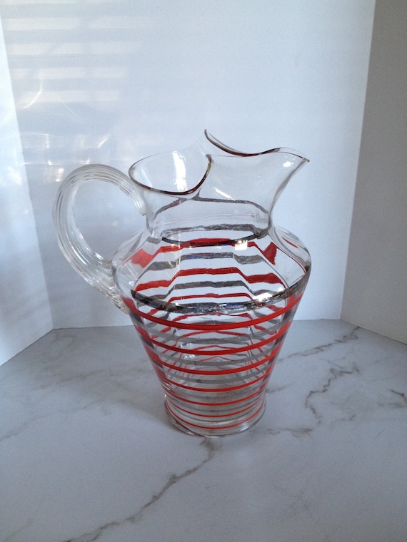 Large Art Deco 3 Qt Glass Pitcher with Ice Lip, Ribbed Handle. Hand Painted Red & Silver Platinum Stripes. Vintage Barware.