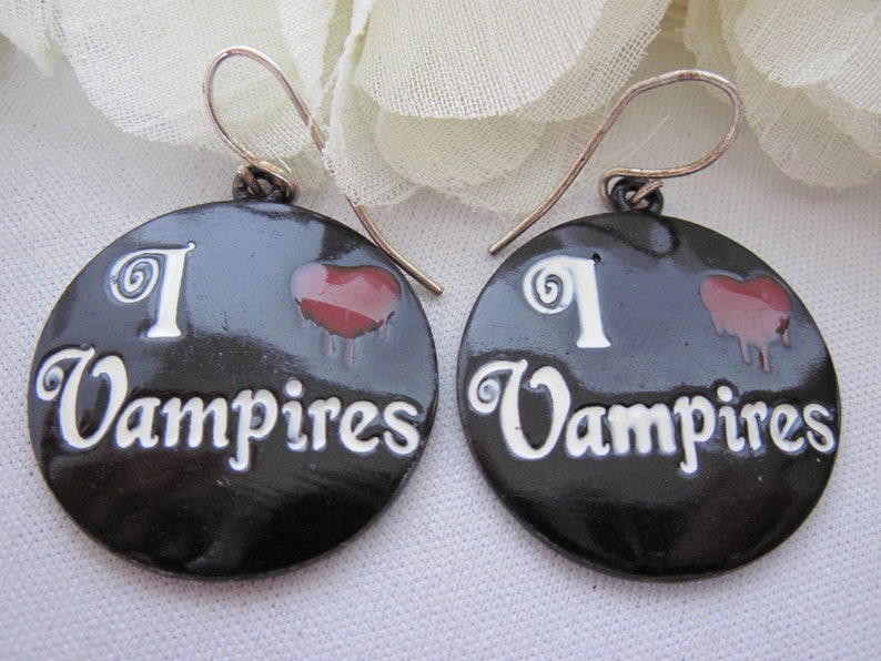 Seasonal Vintage Halloween Metal Vampires Drop Dangle Earrings Fish Hook Gift Holiday Costume Jewelry Black Enamel White Red