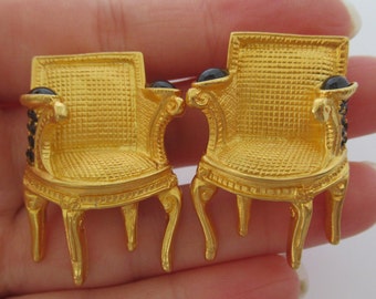 Ultra Rare Vintage Signed KARL LAGERFELD Black Rhinestone Chair Gold, Haute Couture Clip-On Statement Runway Earrings, Chanel Designer