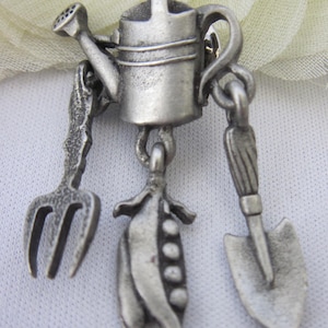 Vintage Signed JJ, Pewter Watering Can Pin, Silver tone, Lapel Pin, Tie Tac Pin, Hat, Shovel, Rake, Gardner Mother&#39;s Day Gift, Collectible
