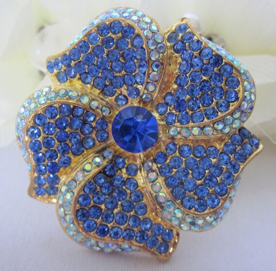 Size 7, Vintage Blue Statement Rhinestone Floral … - image 2