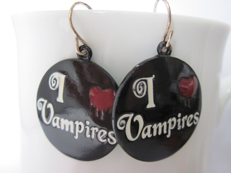 Seasonal Vintage Halloween Metal Vampires Drop Dangle Earrings Fish Hook Gift Holiday Costume Jewelry Black Enamel White Red