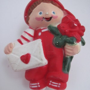 Vintage rojo y blanco amor cartas flores niño San Valentín broche Pin, amor, regalo de perno de san Valentín día, amor de la amistad, coleccionable, romántico