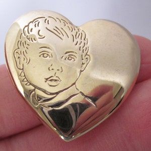 Vintage Etched Boy Face, Heart, Signed Variety Club Brooch Pin, Child Toddler Head Silhouette The Children&#39;s Charity, Gold Tone, Collectible