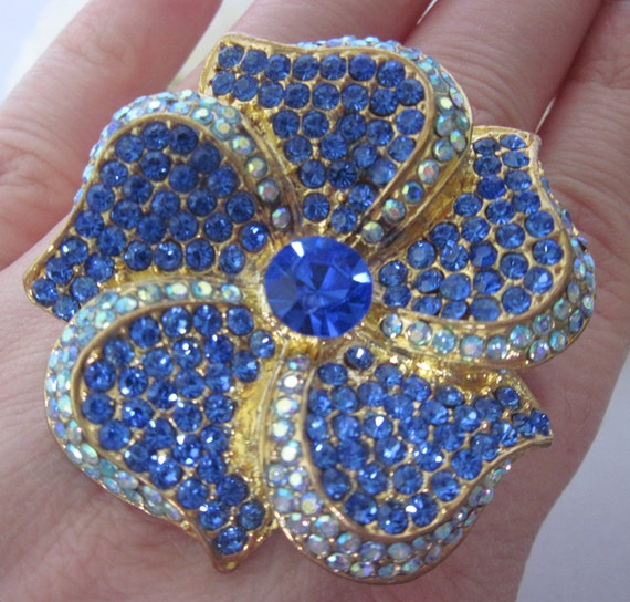 Size 7, Vintage Blue Statement Rhinestone Floral … - image 1