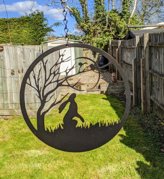 Moon Gazing Hare Under The Tree Metal, Metal Garden Art Uk