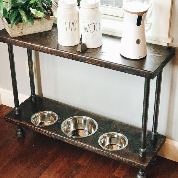 Custom Order Verona Style Raised Dog Feeder Built into Industrial Style Console Table.