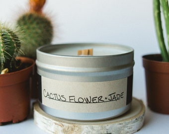 Fleur de cactus + jade | Mèche de bois, bougie parfumée à la cire de soja | Floral, Fête des Mères, Naturel, Parfum printanier, Fait main, Jade, Cadeau pour un ami, Frais