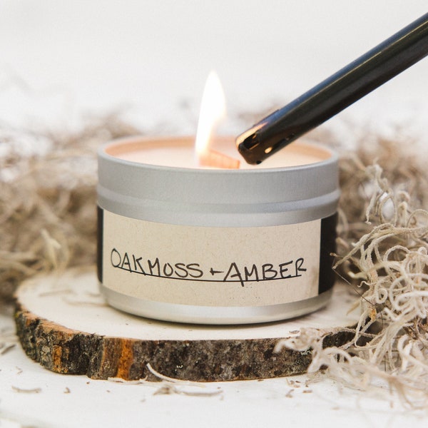 Oakmoss + Amber | Wood Wick, Soy Wax Scented Candle | Homemade, Gift For Him, Natural Scent, Essential Oils, Woodsy, Masculine, Musky, Amber