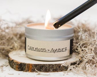 Oakmoss + Amber | Wood Wick, Soy Wax Scented Candle | Homemade, Gift For Him, Natural Scent, Essential Oils, Woodsy, Masculine, Musky, Amber