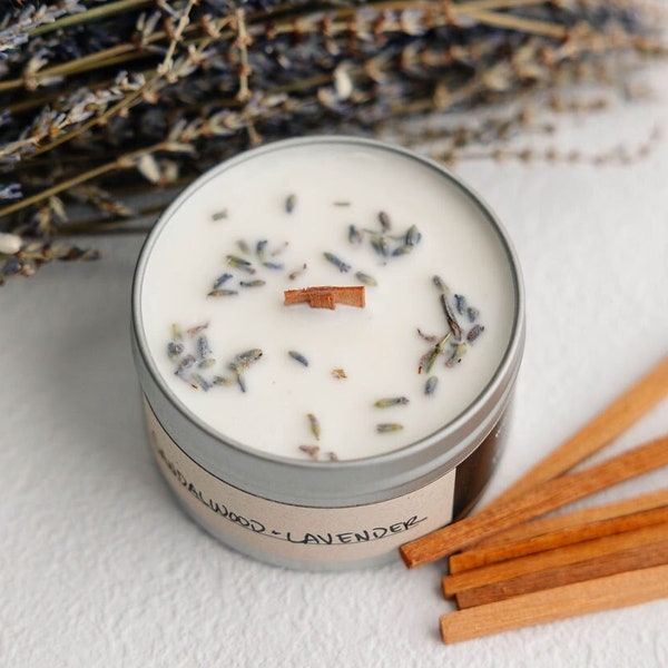 Sandalwood + Lavender | Wood Wick, Soy Wax Scented Candle | Dried Lavender, Floral Scent, Friend Gift, Self Care, Mother's Day, Homemade