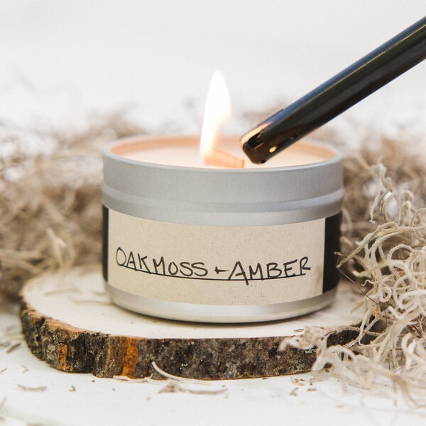 Oakmoss + Amber | Wood Wick, Soy Wax Scented Candle | Homemade, Gift For Him, Natural Scent, Essential Oils, Woodsy, Masculine, Musky, Amber